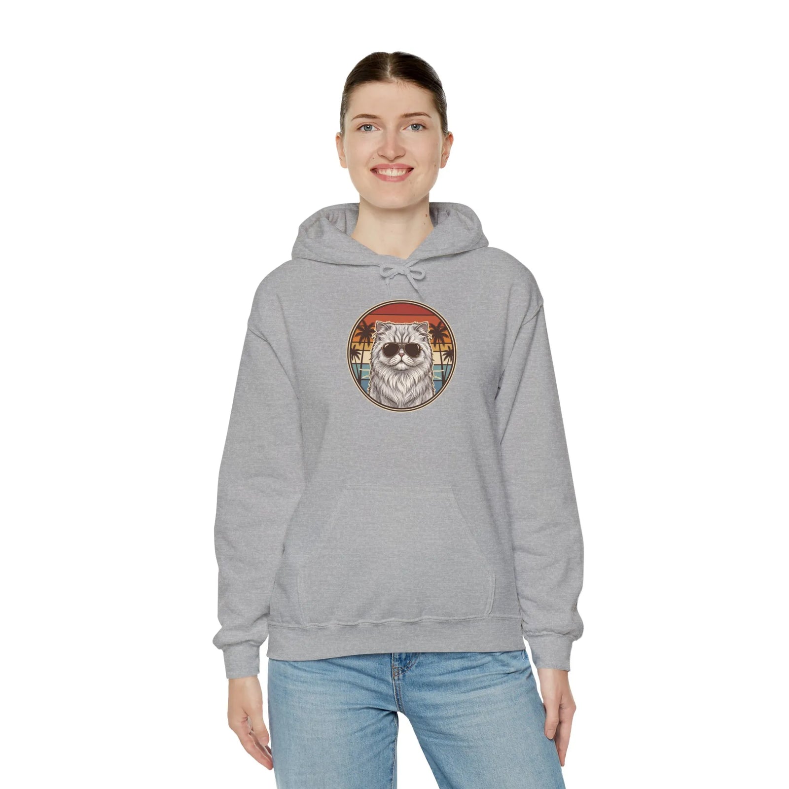Persian Cat 70s Sunset Aviators Hoodie - Soft Cotton-Poly Blend Pullover - Unisex White