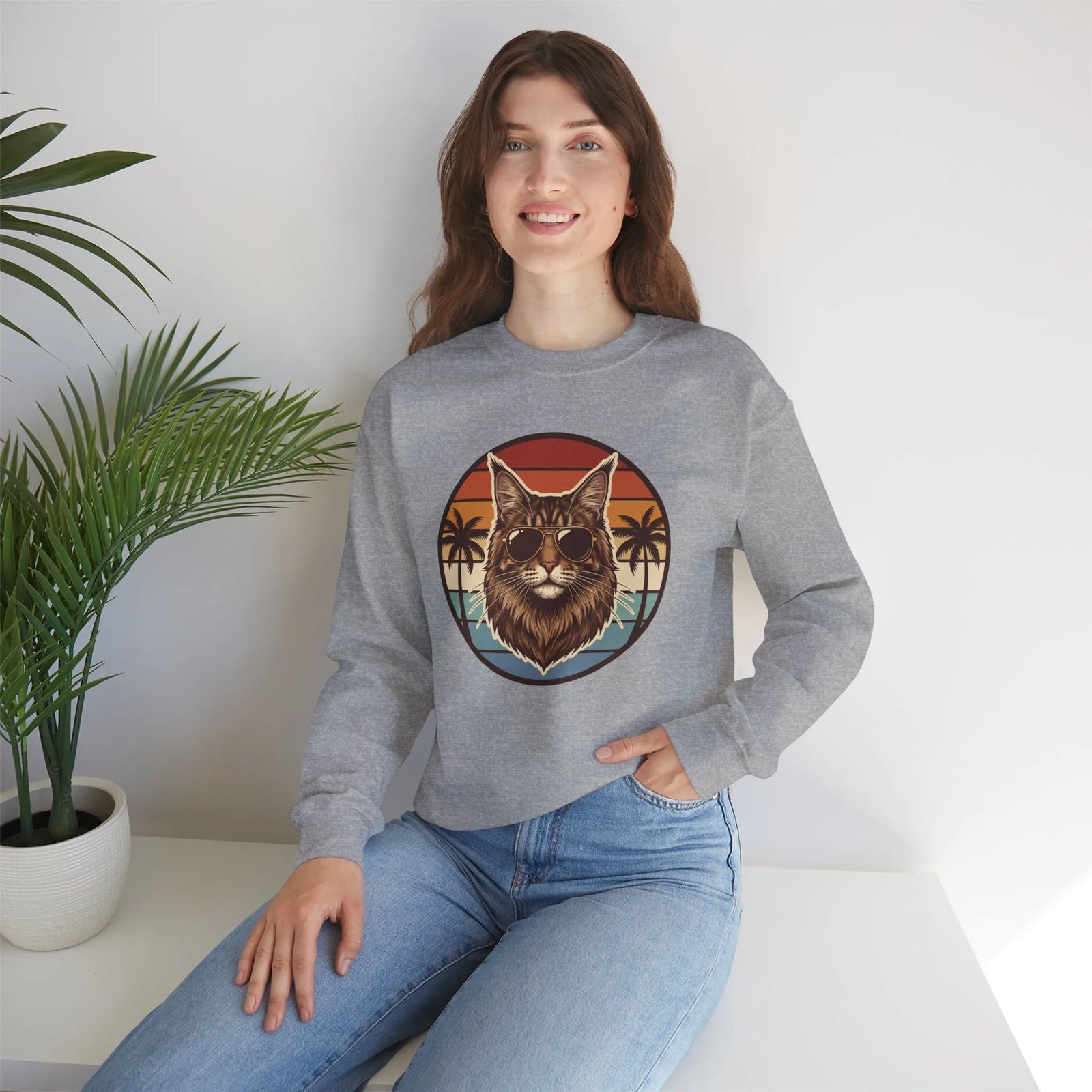 Maine Coon Aviator Cat Sweatshirt - Heavy Blend Fleece Crewneck - Unisex White