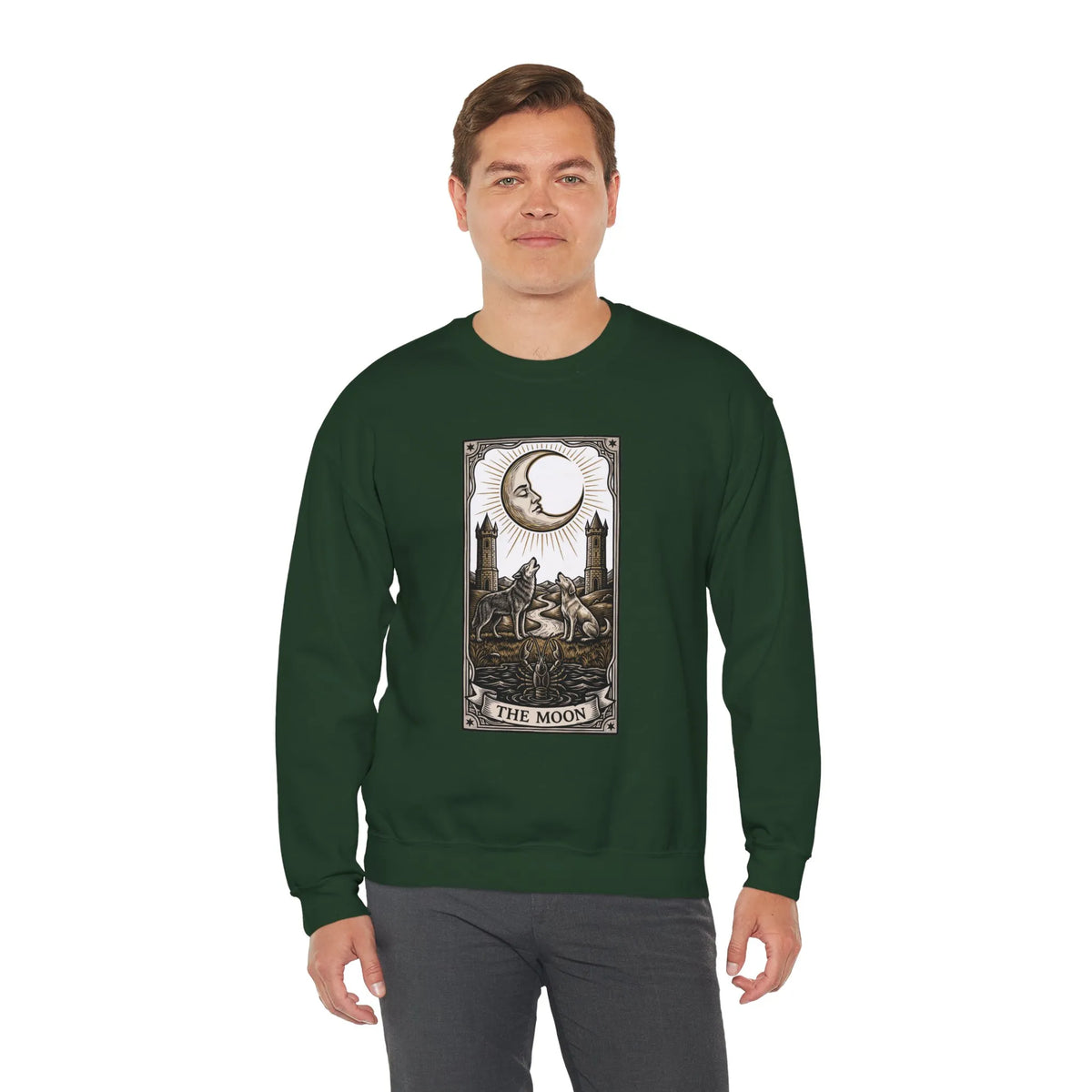 Moon Tarot Card Wolves Graphic Sweatshirt - Heavy Blend Fleece Crewneck - Unisex White