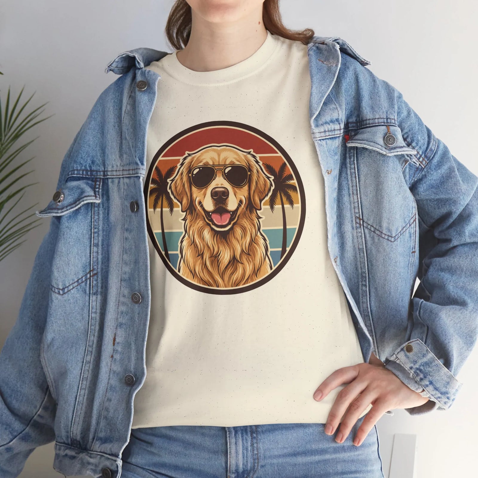 Golden Retriever Sunset Aviator T-Shirt - Heavy Cotton Classic Fit Tee - Unisex White