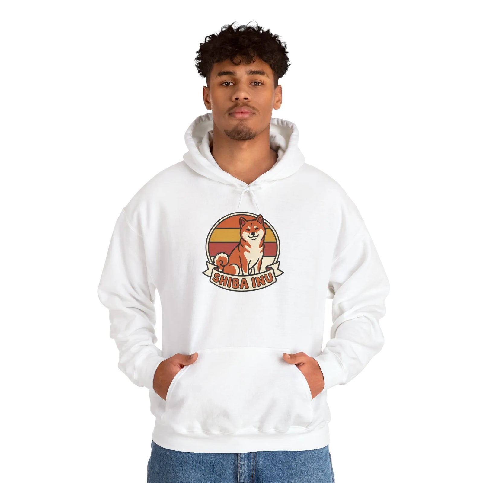 Shiba Inu Retro 70s Sunset Graphic Hoodie - Medium-Heavy Cotton Blend Fleece - Unisex White