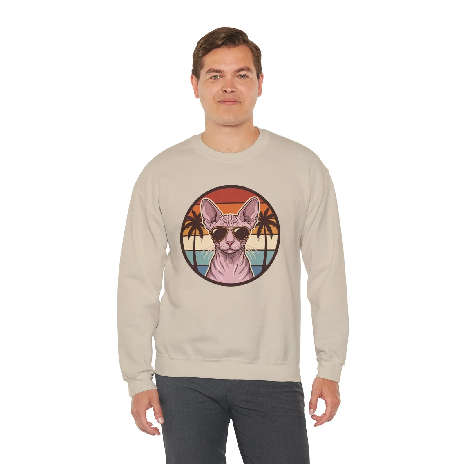 Sphynx Cat 70s Sunset Aviator Sweatshirt - Heavyweight Cotton Blend Crewneck - Unisex White