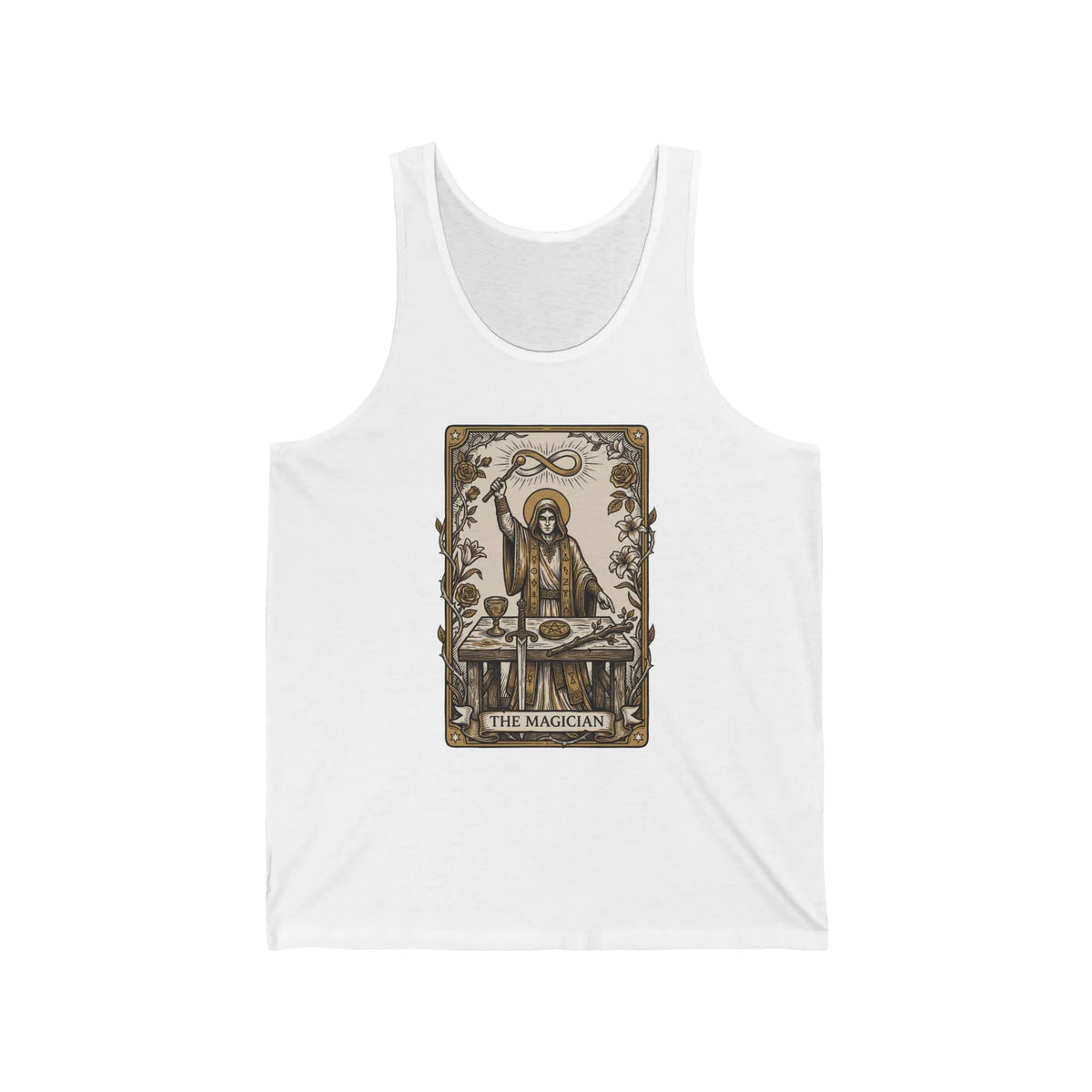 Tarot Card Magician Graphic Tank Top - Retail Fit Combed Cotton Jersey - Unisex White