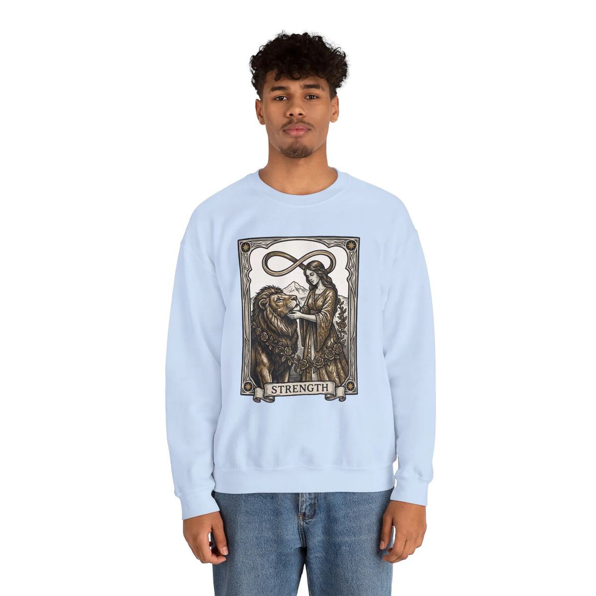 Strength Tarot Card Sweatshirt - Heavy Blend Crewneck Fleece - Unisex White
