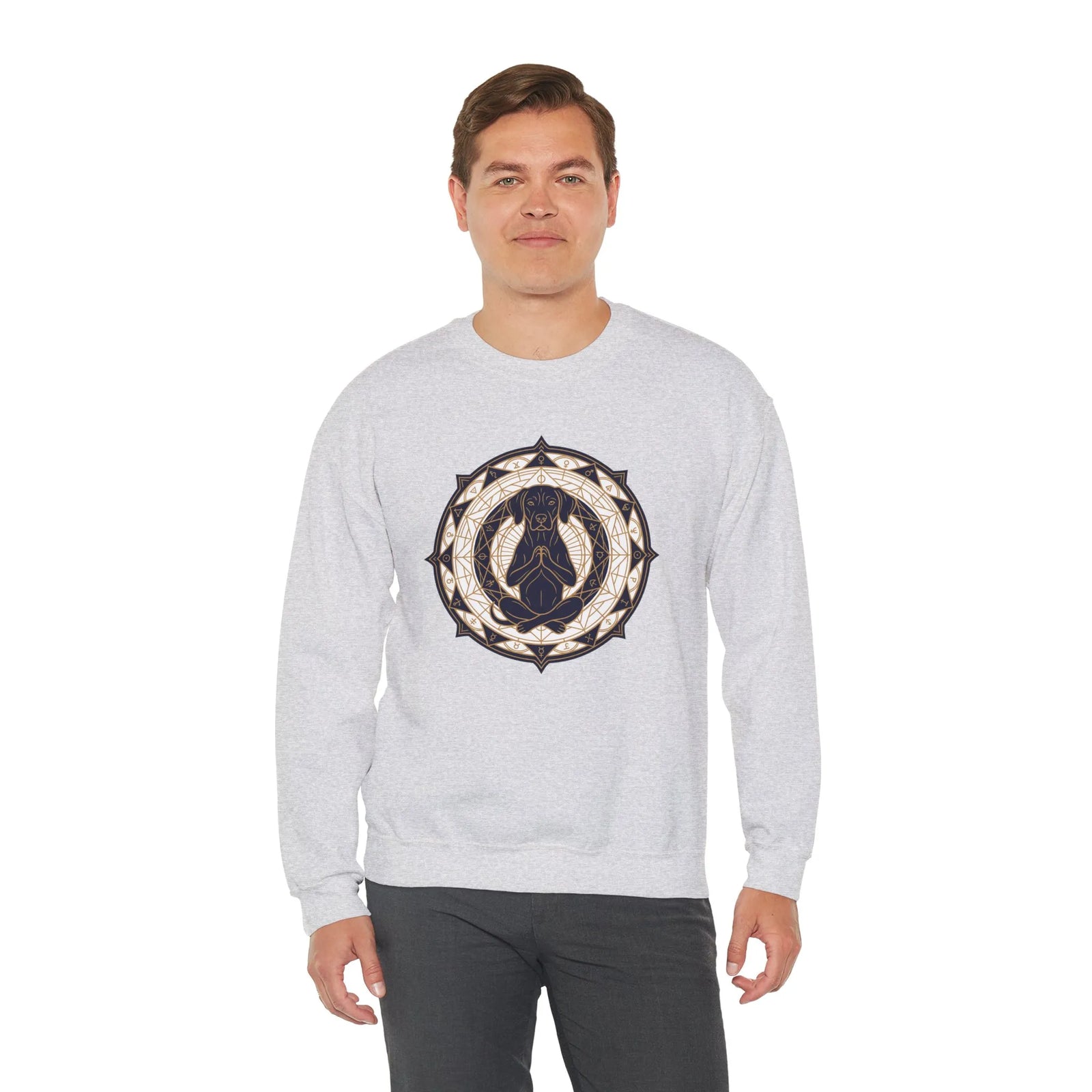 Meditating Dog Sacred Geometry Sweatshirt - Heavy Blend Fleece Crewneck - Unisex White