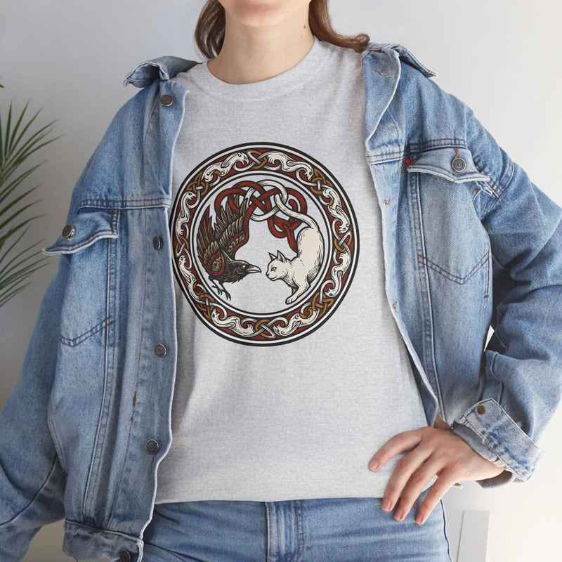 Norse Cat & Raven Woodcut T-Shirt - Heavy Cotton Classic Fit Tee - Unisex White