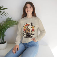 Siberian Husky Retro Sunset Sweatshirt - Heavy Blend Fleece Crewneck - Unisex White