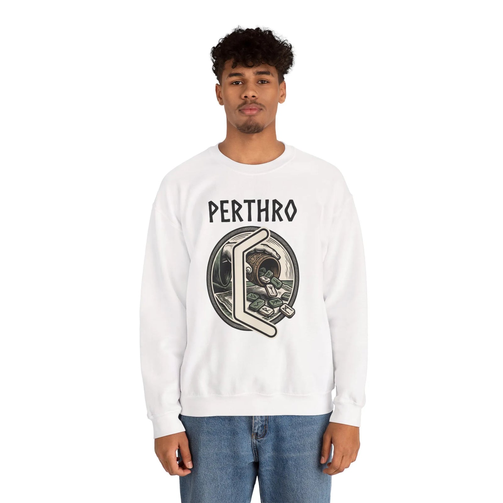Perthro Rune Lot Cup Graphic Sweatshirt - Heavy Blend Fleece Crewneck - Unisex White