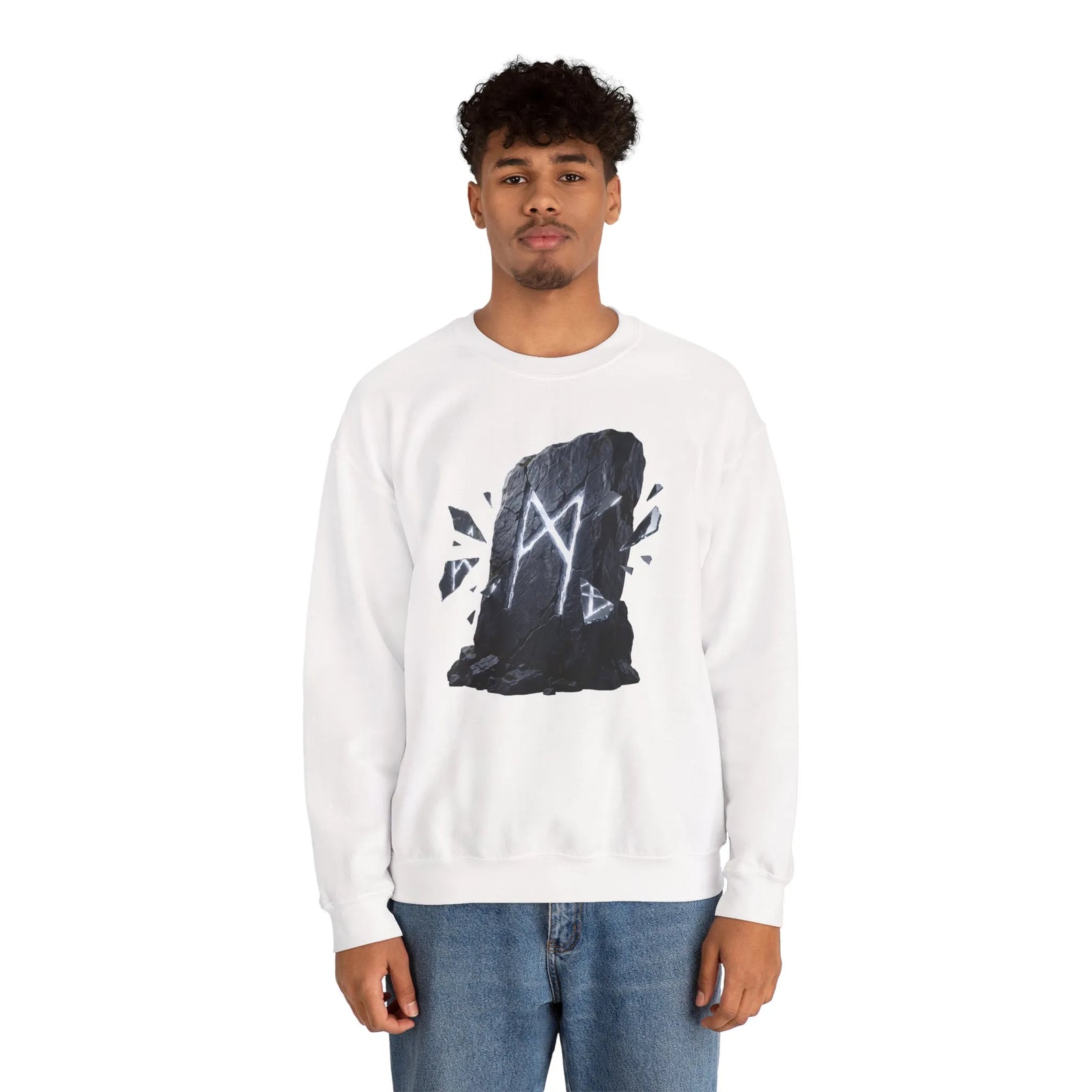 Mannaz Rune Stone Graphic Sweatshirt - Heavy Blend Crewneck Pullover - Unisex Off White