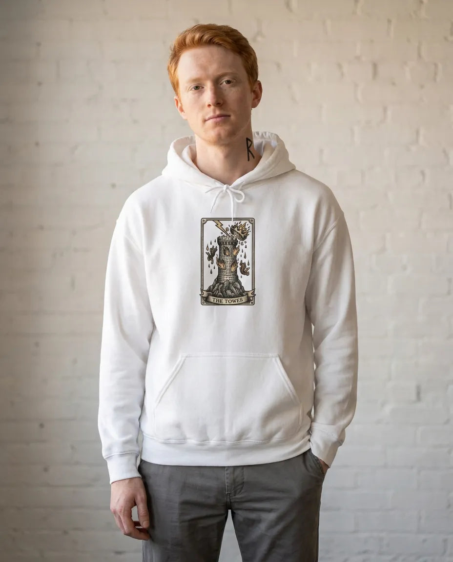 The Tower Tarot Card Hoodie - Heavy Blend Fleece Pullover - Unisex White