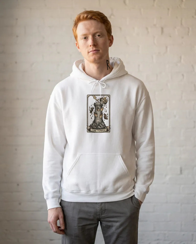 The Tower Tarot Card Hoodie - Heavy Blend Fleece Pullover - Unisex White