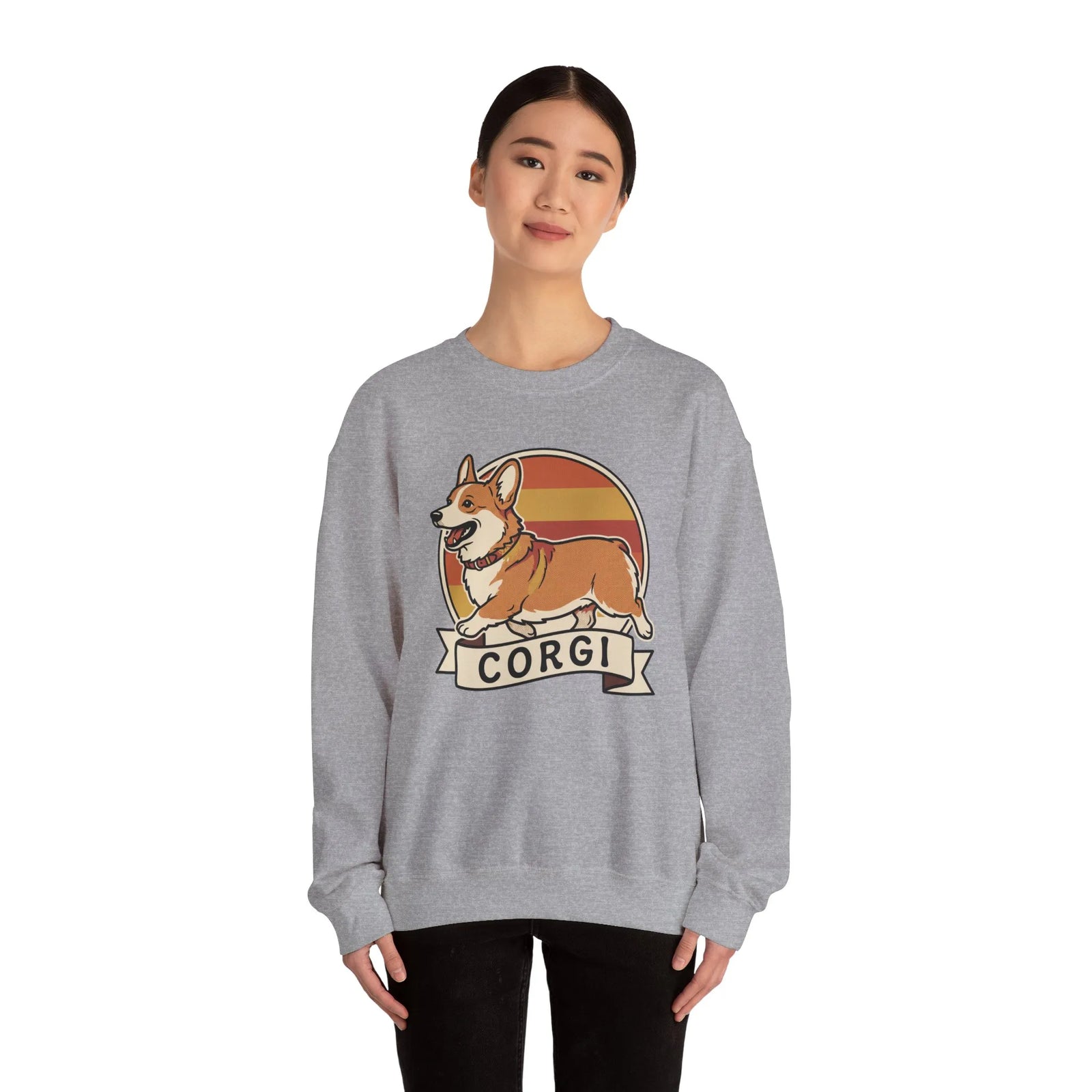 Retro 70s Sunset Corgi Sweatshirt - Classic Fit Cotton-Poly Crewneck - Unisex White