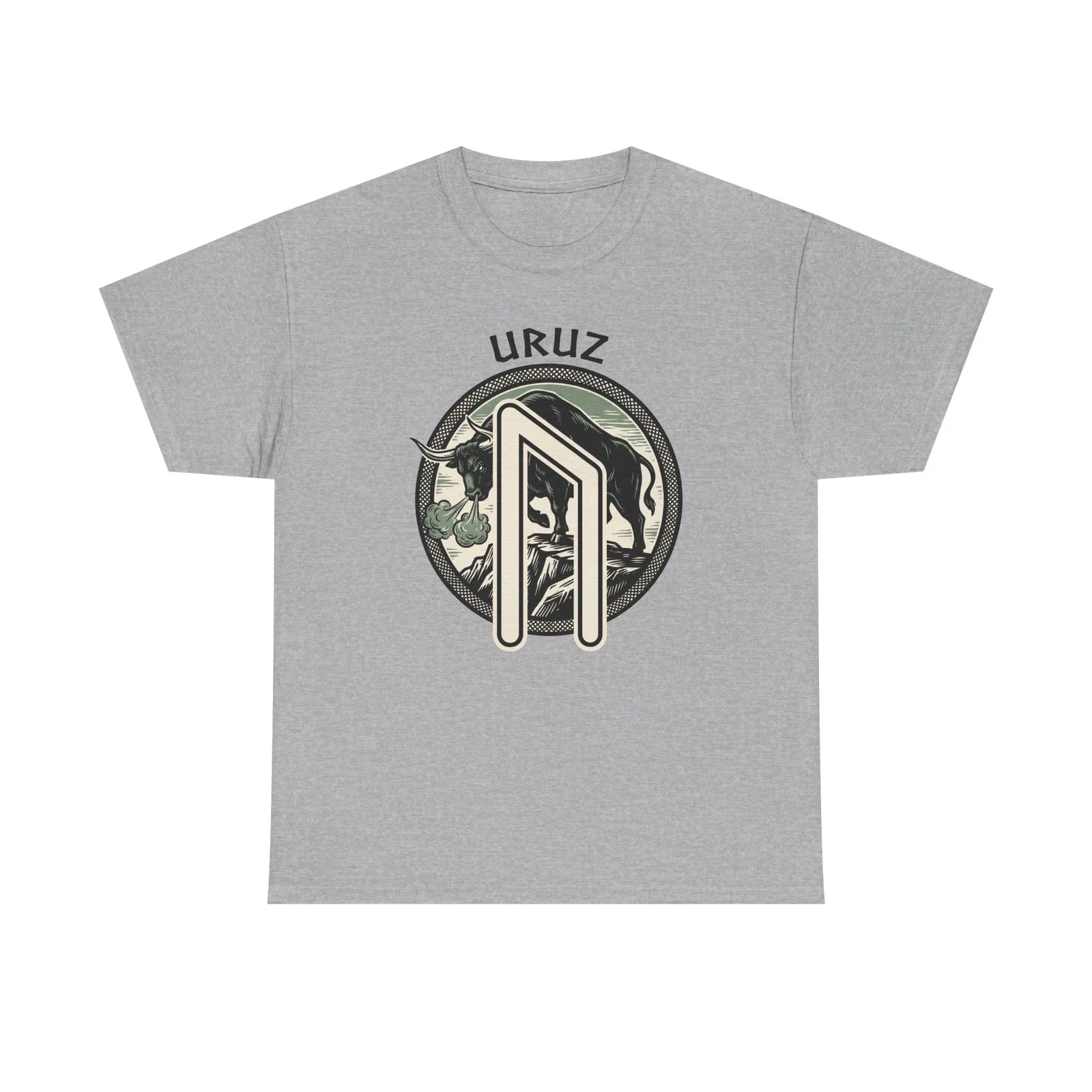 Uruz Runic Bull Graphic T-Shirt - Heavyweight Cotton Classic Fit Tee - Unisex White