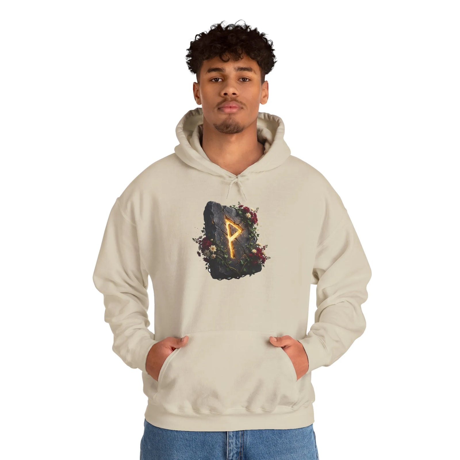 Wunjo Rune Floral Rock Graphic Hoodie - Warm Fleece Pullover Sweatshirt - Unisex White