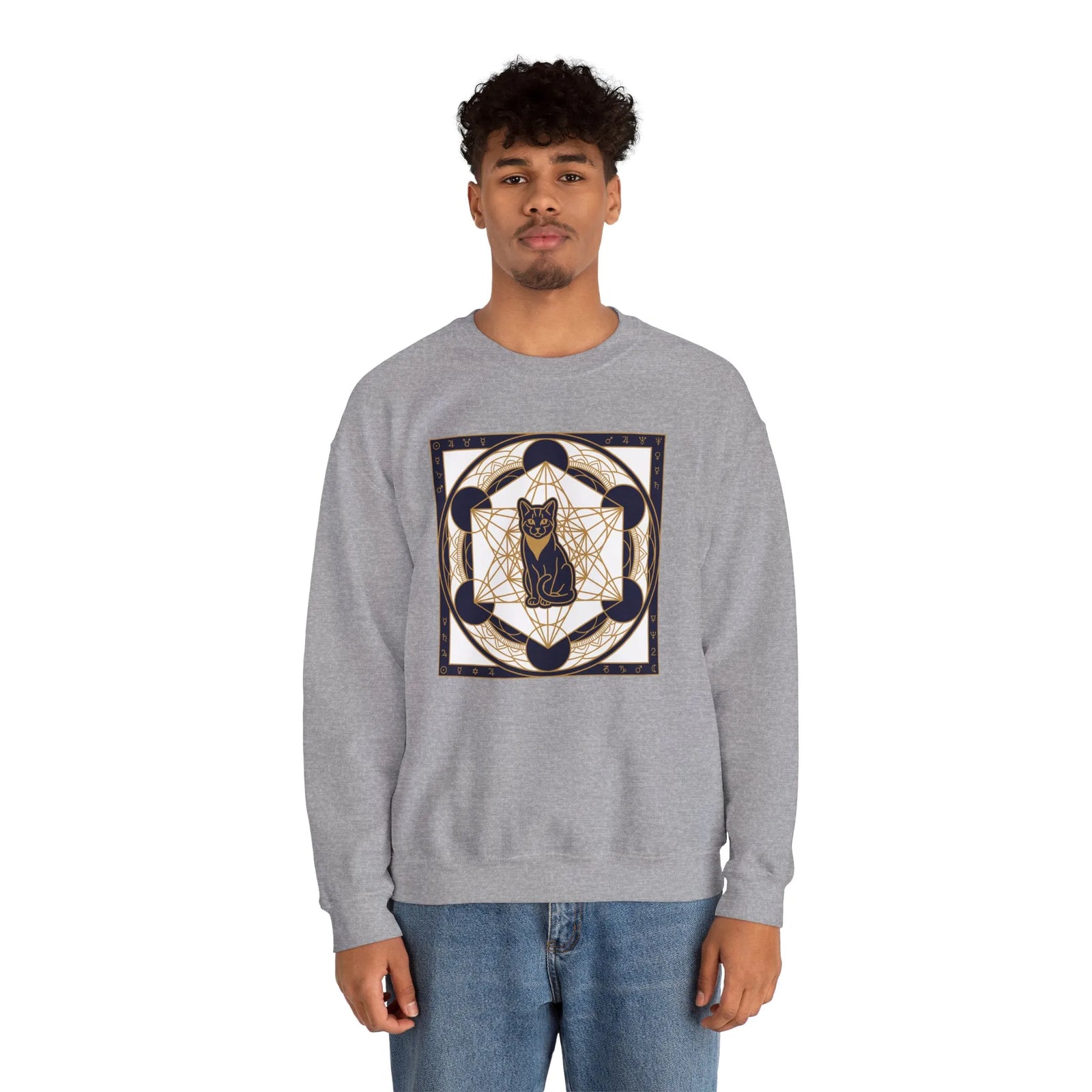 Metatron's Cat Sacred Geometry Sweatshirt - Heavy Blend Fleece Crewneck - Unisex White