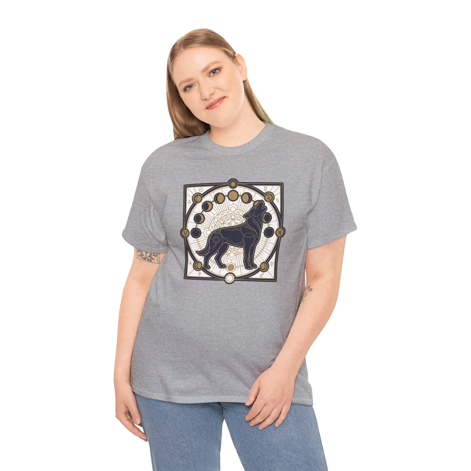 Sacred Geometry Spirit Dog Howl T-Shirt - Heavyweight Cotton Classic Fit Tee - Unisex White