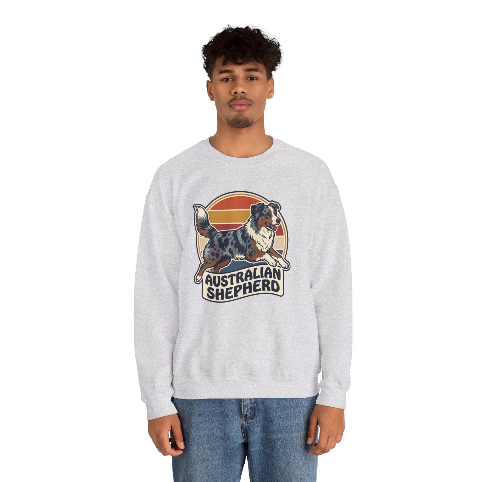 Australian Shepherd Retro 70s Sunset Sweatshirt - Heavy Blend Cotton Poly Crewneck - Unisex White