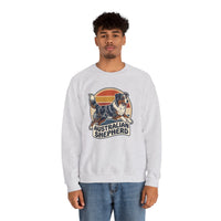 Australian Shepherd Retro 70s Sunset Sweatshirt - Heavy Blend Cotton Poly Crewneck - Unisex White