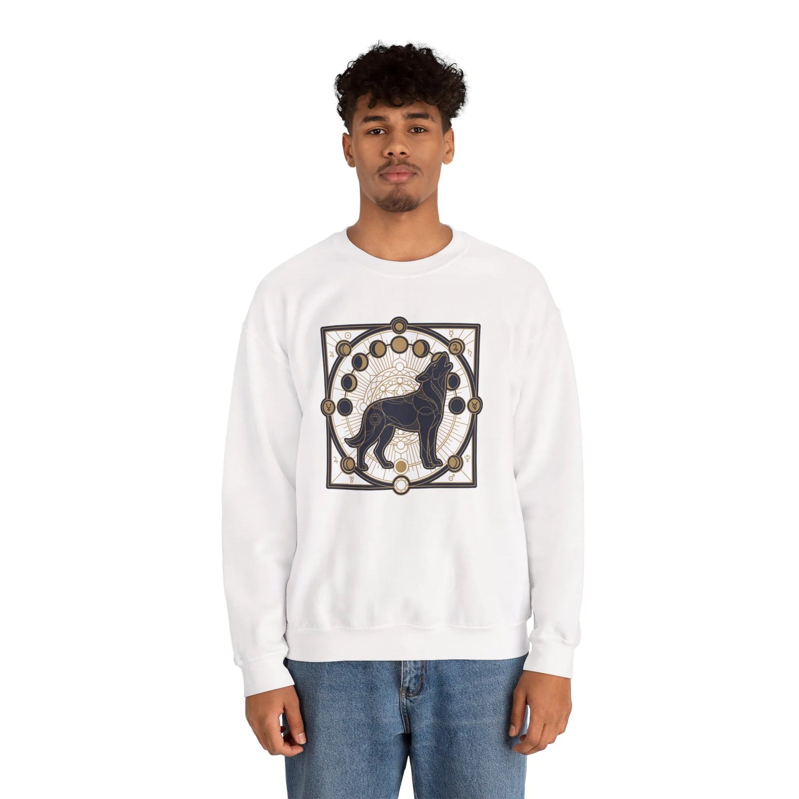 Sacred Geometry Spirit Dog Sweatshirt - Heavyweight Cotton Blend Crewneck - Unisex White