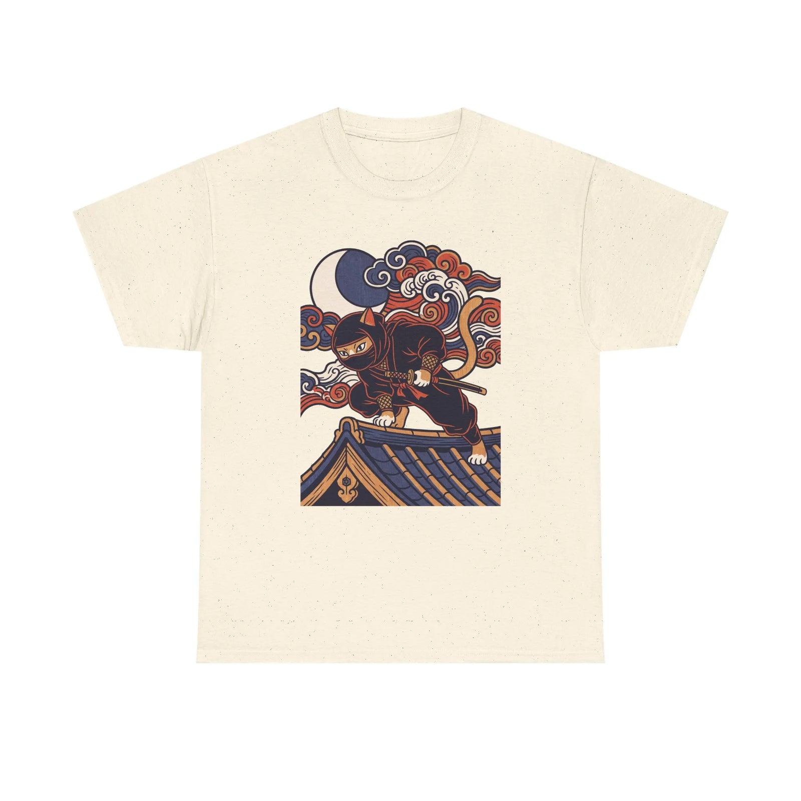 Ukiyo-e Samurai Cat Ninja T-Shirt - 100% Cotton Classic Fit Tee - Unisex White