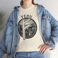 Fehu Rune Wealth Symbol T-Shirt - Heavy Cotton Classic Fit Tee - Unisex White