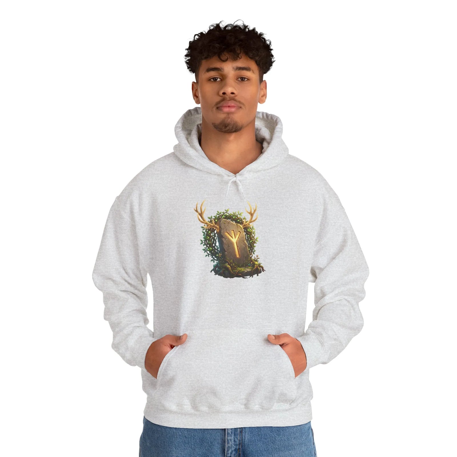 Elhaz Protection Rune Antler Hoodie - Heavy Blend Cotton Blend Pullover - Unisex White