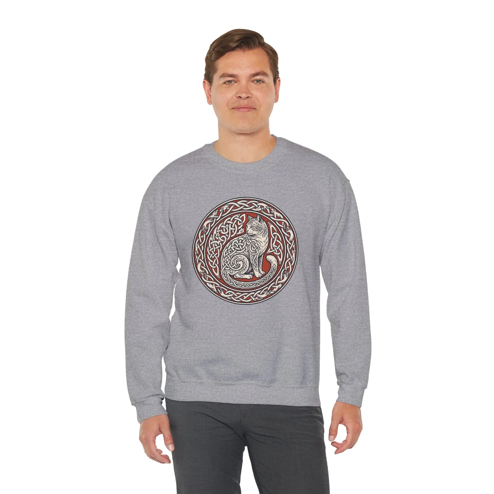 Norse Knotwork Cat Graphic Sweatshirt - Heavy Blend Cotton Blend Crewneck - Unisex White