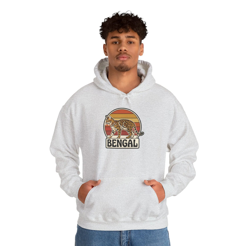 Retro 70s Sunset Bengal Cat Hoodie - Cozy Fleece Blend Pullover - Unisex Ash