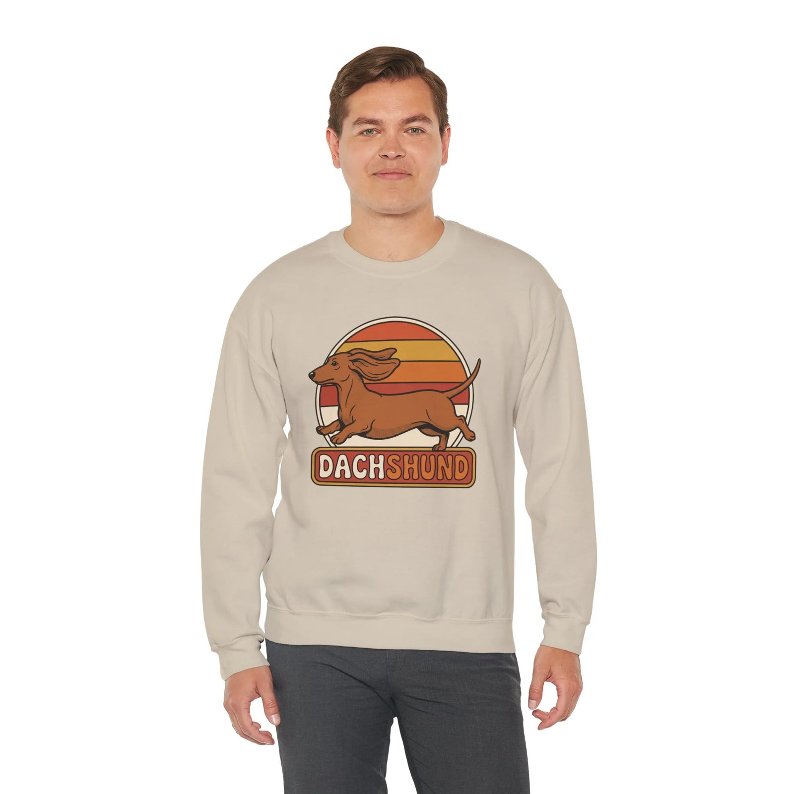Retro 70s Sunset Dachshund Sweatshirt - Heavy Blend Cotton Blend Crewneck - Unisex White