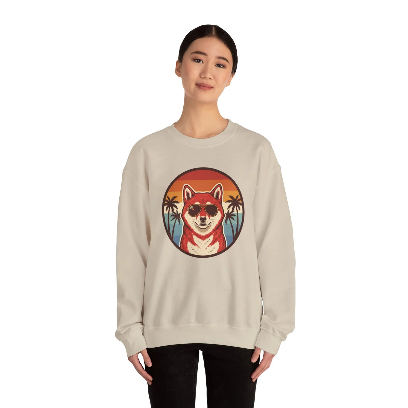Shiba Inu Cool Dog 70s Sunset Sweatshirt - Heavy Blend Fleece Crewneck - Unisex White