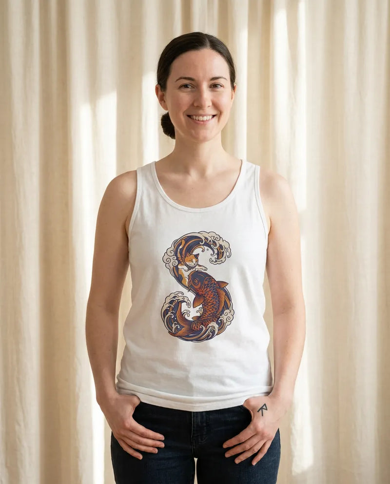Koi Rider Ukiyo-e Samurai Cats Tank Top - Lightweight Combed Cotton Jersey - Unisex White