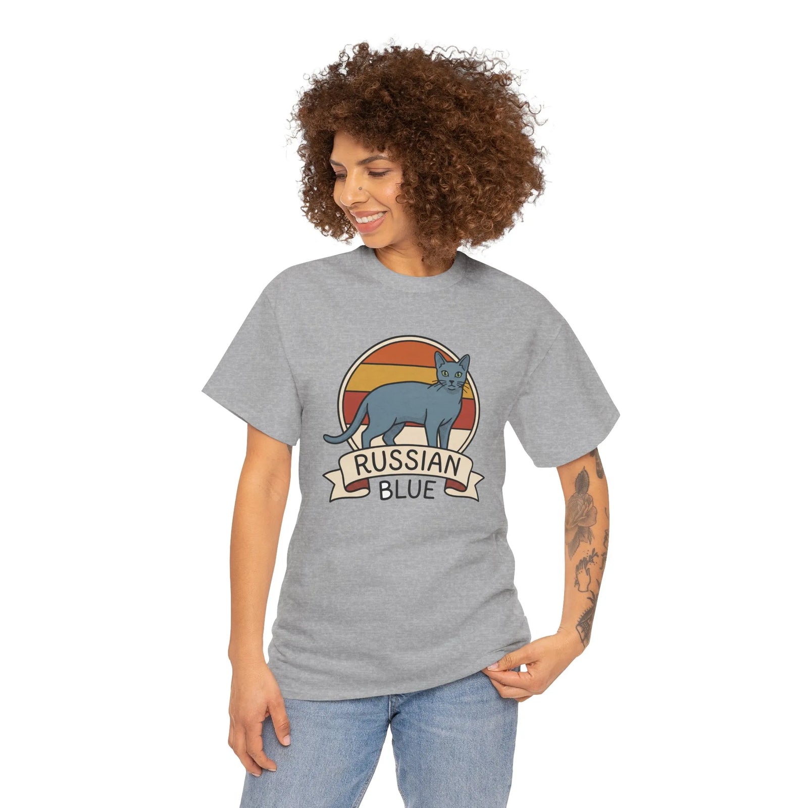 Russian Blue Retro 70s Sunset T-Shirt - Heavy Cotton Classic Fit Tee - Unisex White