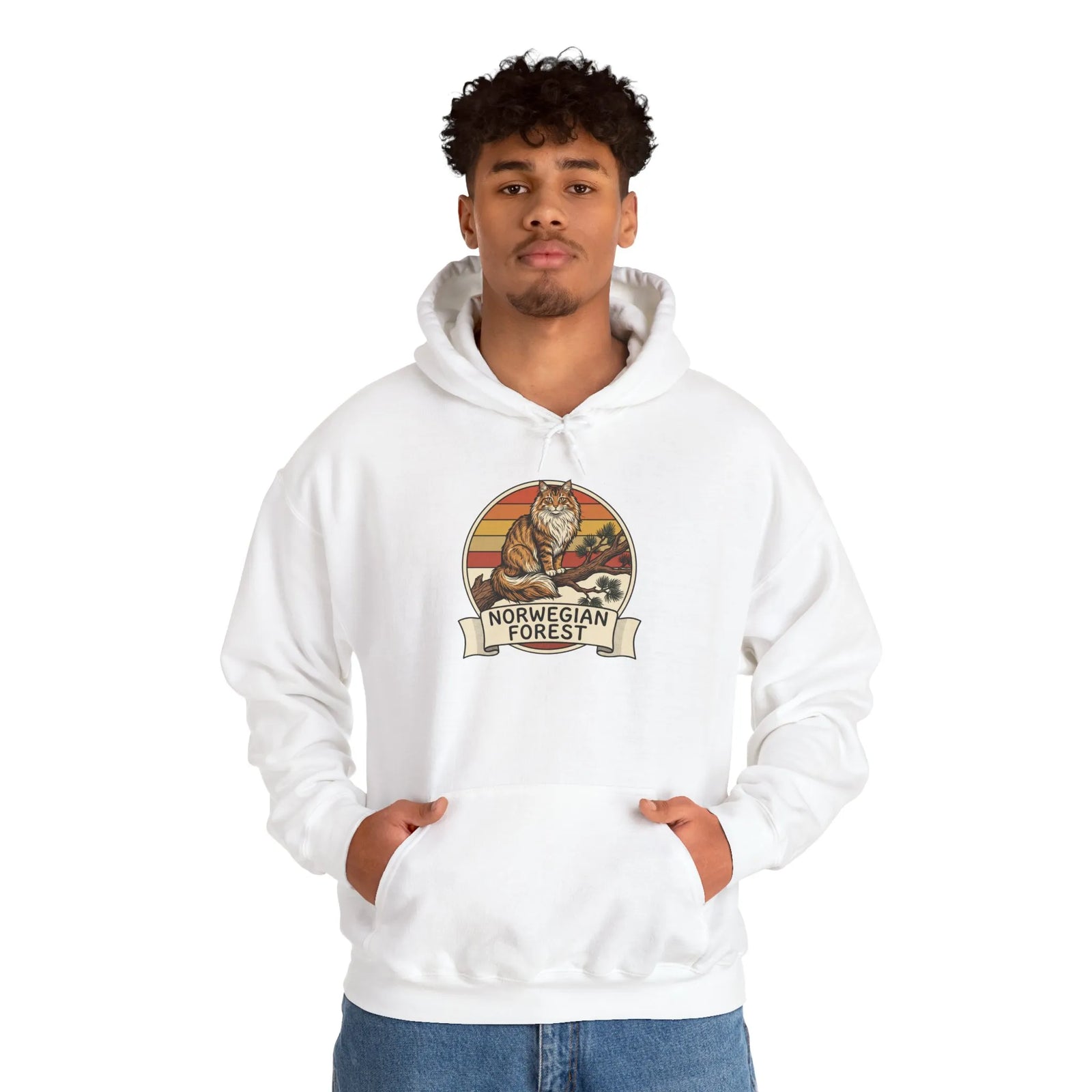Norwegian Forest Cat Retro Sunset Hoodie - Heavy Cotton-Poly Blend Pullover - Unisex White