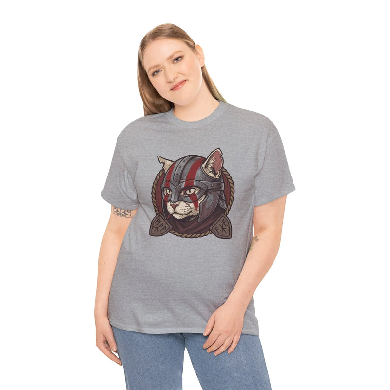 Viking Berserker Cat Graphic T-Shirt - Heavyweight Cotton Classic Fit Tee - Unisex White