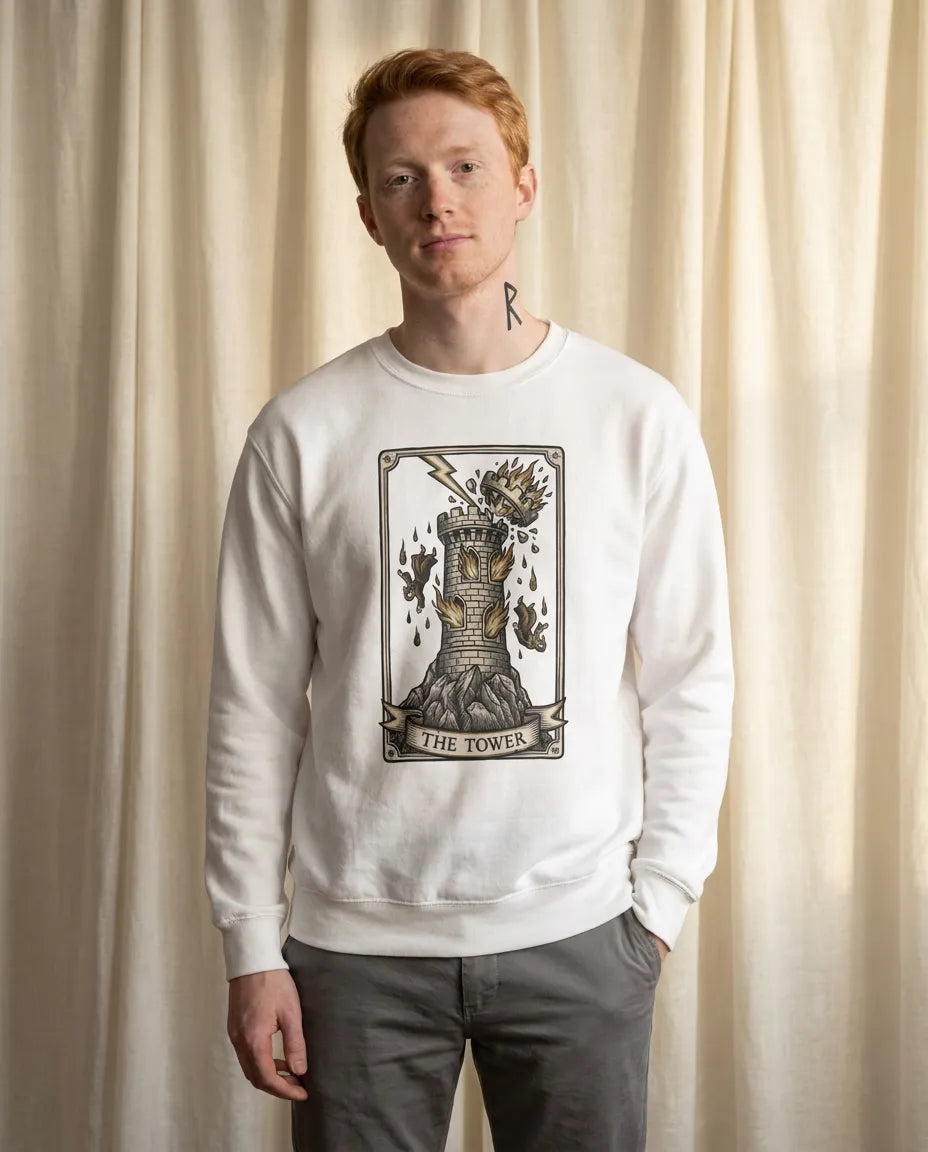 The Tower Tarot Card Sweatshirt - Heavy Blend Fleece Crewneck - Unisex White