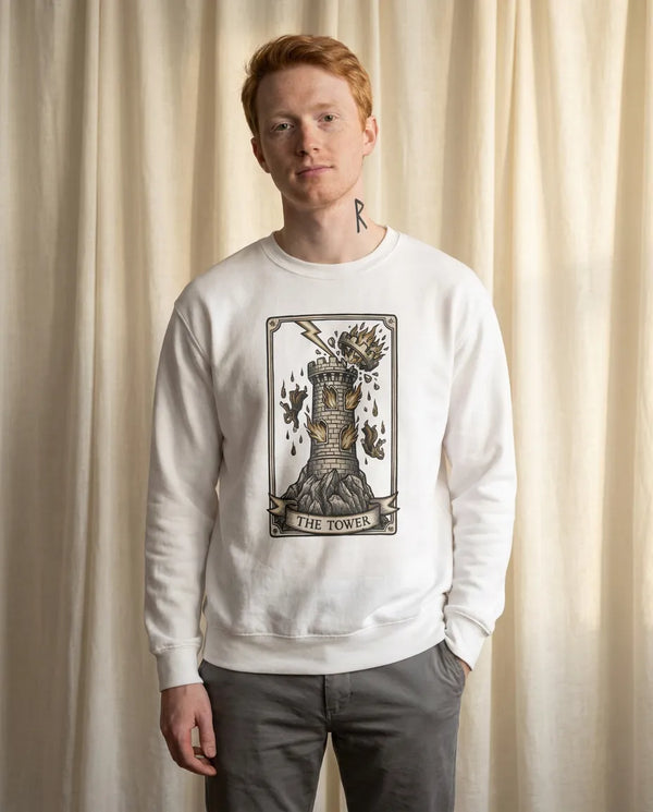 The Tower Tarot Card Sweatshirt - Heavy Blend Fleece Crewneck - Unisex White