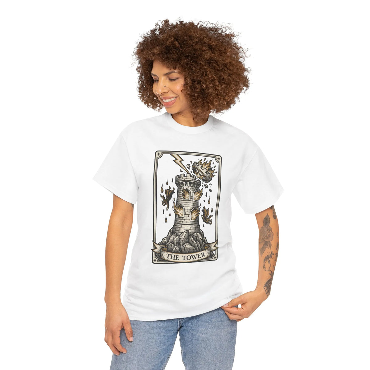 The Tower Tarot Card Graphic T-Shirt - Heavy Cotton Classic Fit Tee - Unisex White