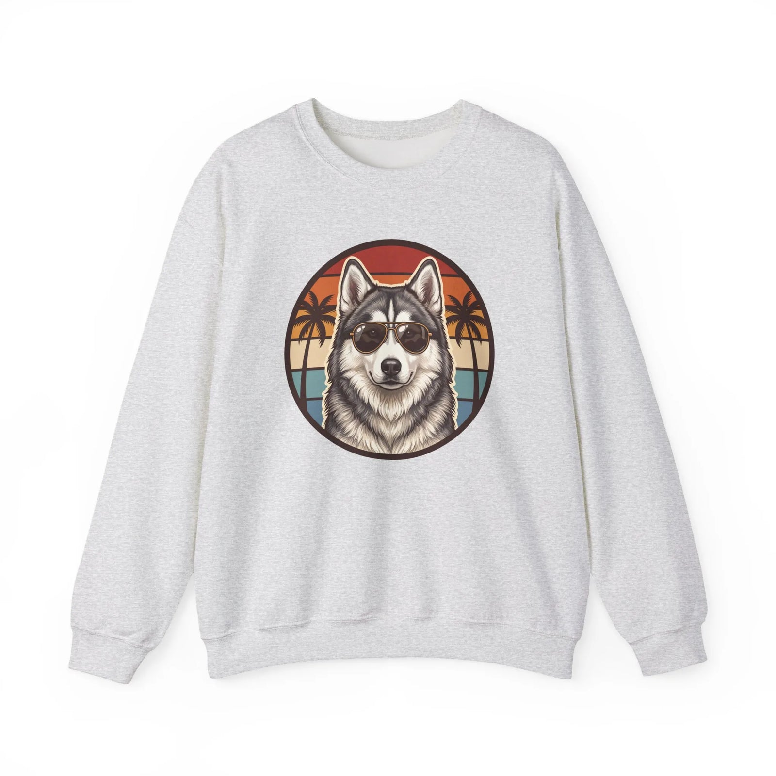 Siberian Husky 70s Sunset Aviators Sweatshirt - Heavyweight Cotton Blend Crewneck - Unisex White