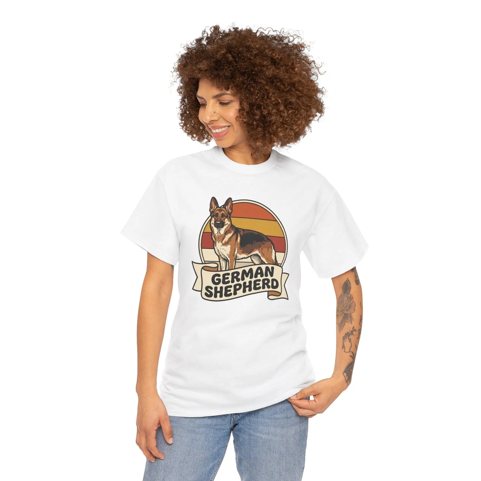 German Shepherd Retro 70s Sunset T-Shirt - Heavy Cotton Classic Fit Tee - Unisex White