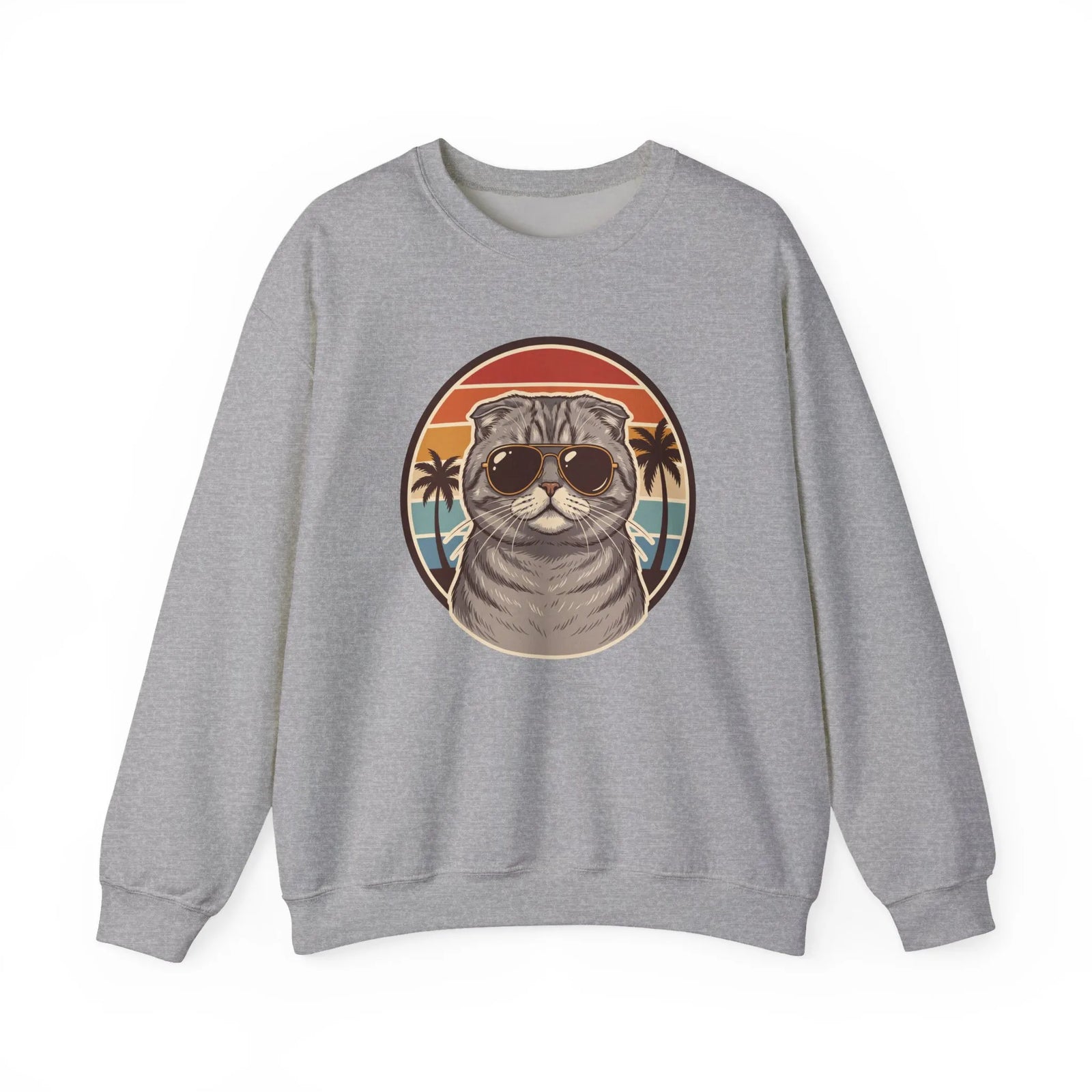 Scottish Fold Cat 70s Sunset Sweatshirt - Heavy Blend Fleece Crewneck - Unisex Ash