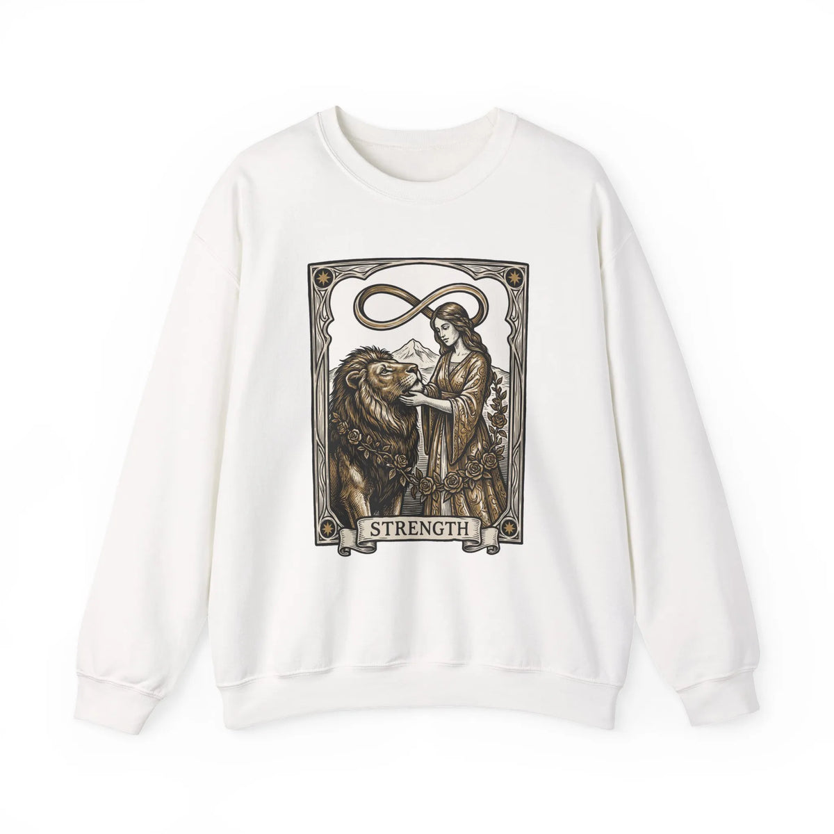 Strength Tarot Card Sweatshirt - Heavy Blend Crewneck Fleece - Unisex White