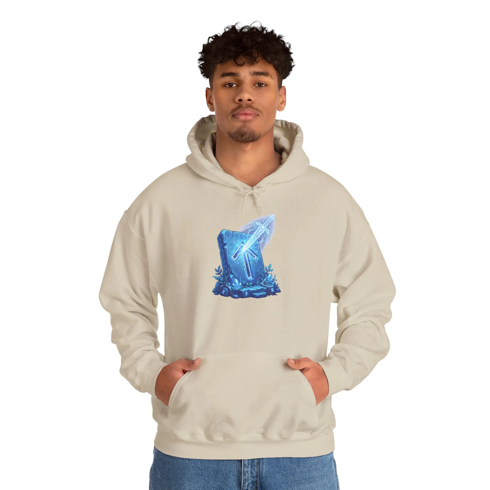 Tiwaz Tyr Sword Graphic Hoodie - Classic Fit Pouch Pocket Fleece - Unisex White