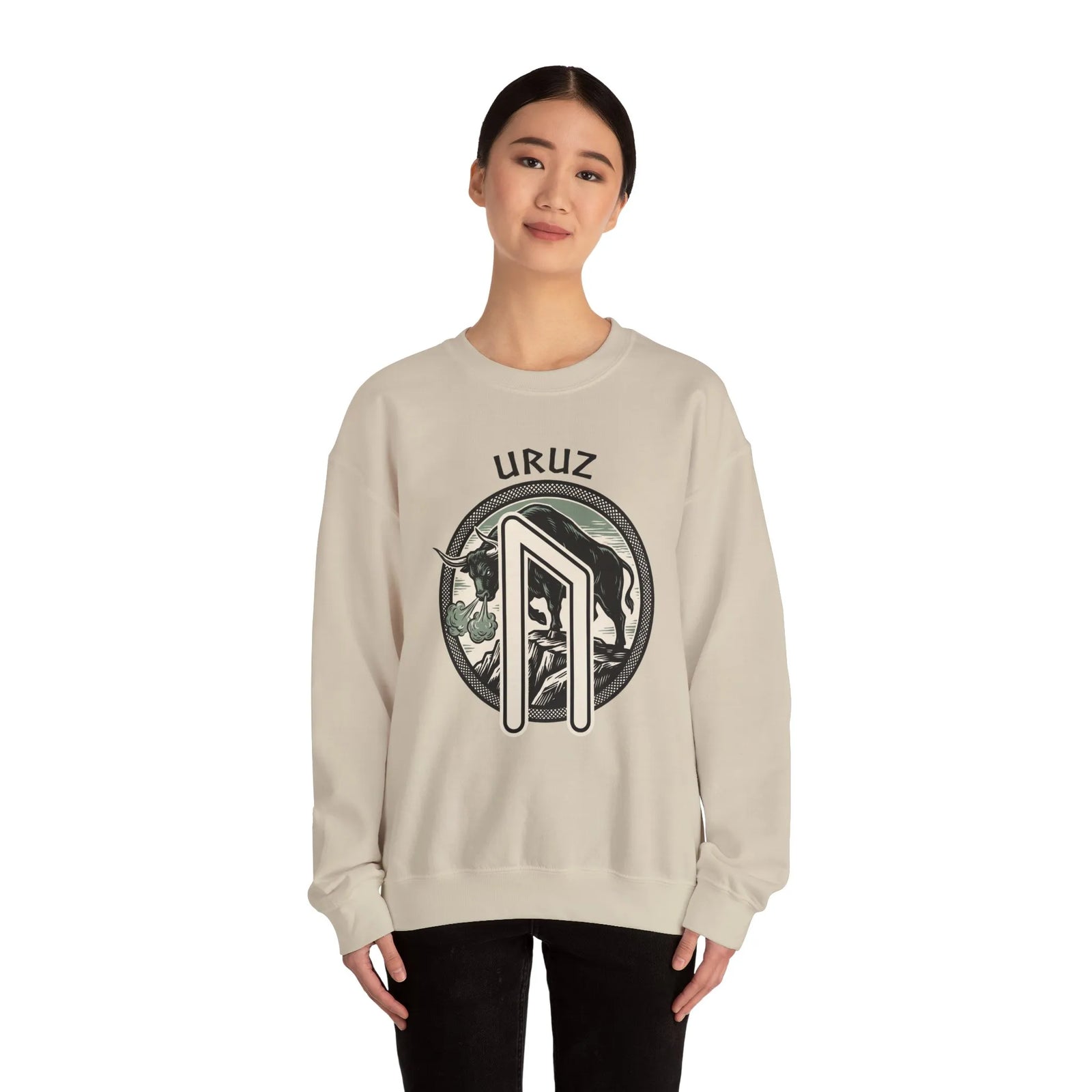 Uruz Rune Bull Norse Mythology Sweatshirt - Heavy Blend Cotton Poly Crewneck - Unisex White