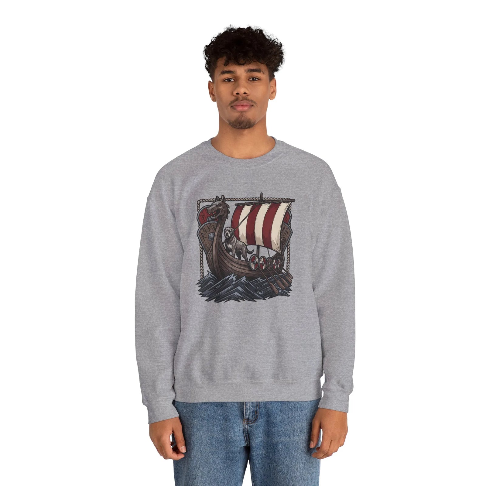 Viking Berserker Dogs Longship Prow Sweatshirt - Heavy Blend Cotton Poly Crewneck - Unisex White