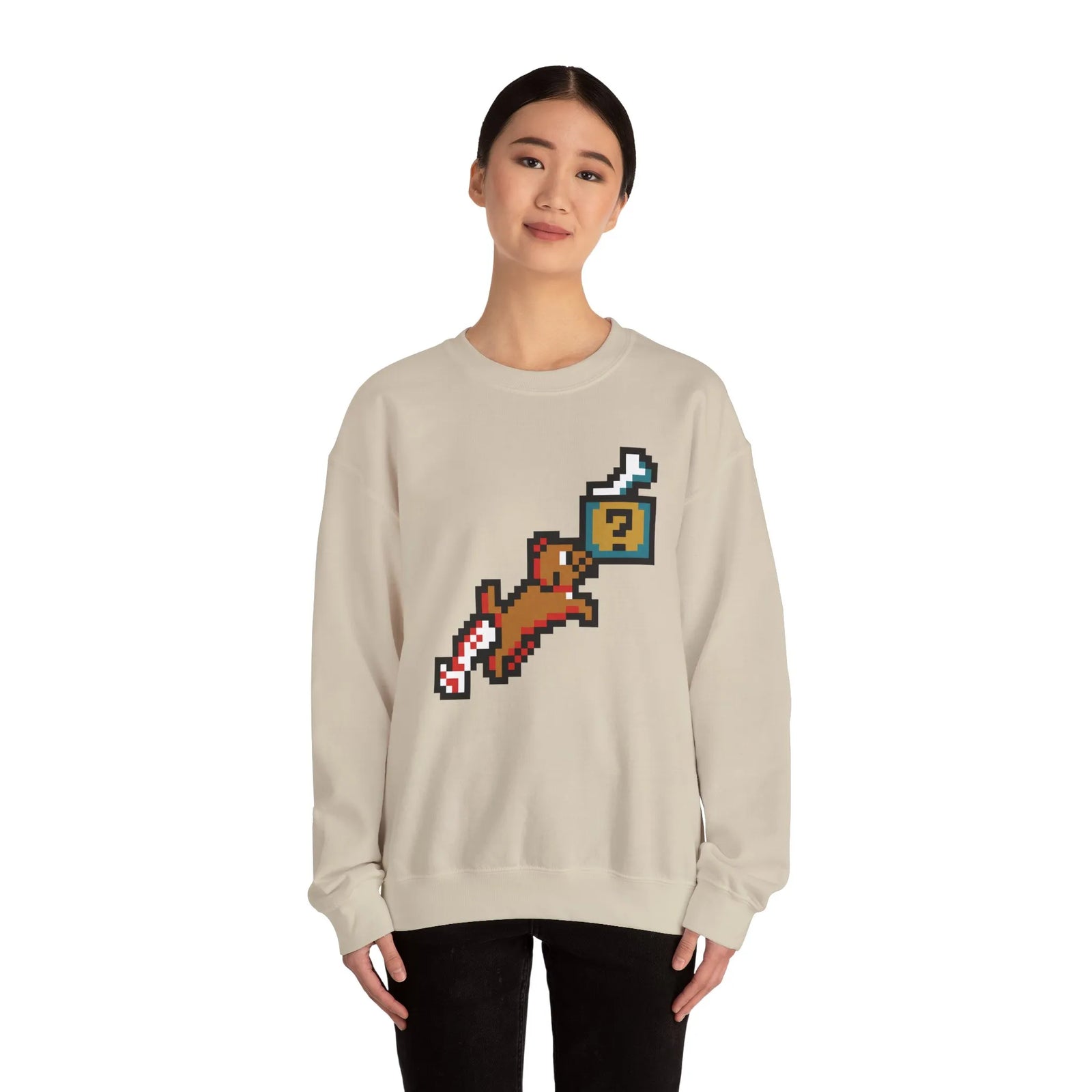 Fetch Quest 8-Bit Pixel Gaming Dog Sweatshirt - Heavy Blend Cotton Polyester Crewneck - Unisex White