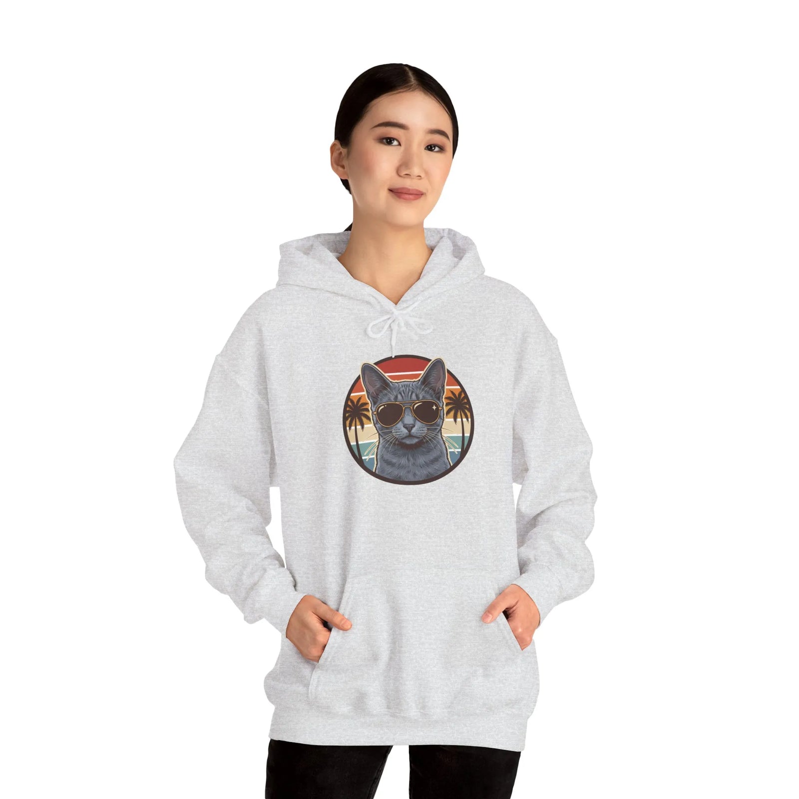 Russian Blue Aviator Cat 70s Sunset Hoodie - Soft Blend Fleece Pullover - Unisex White