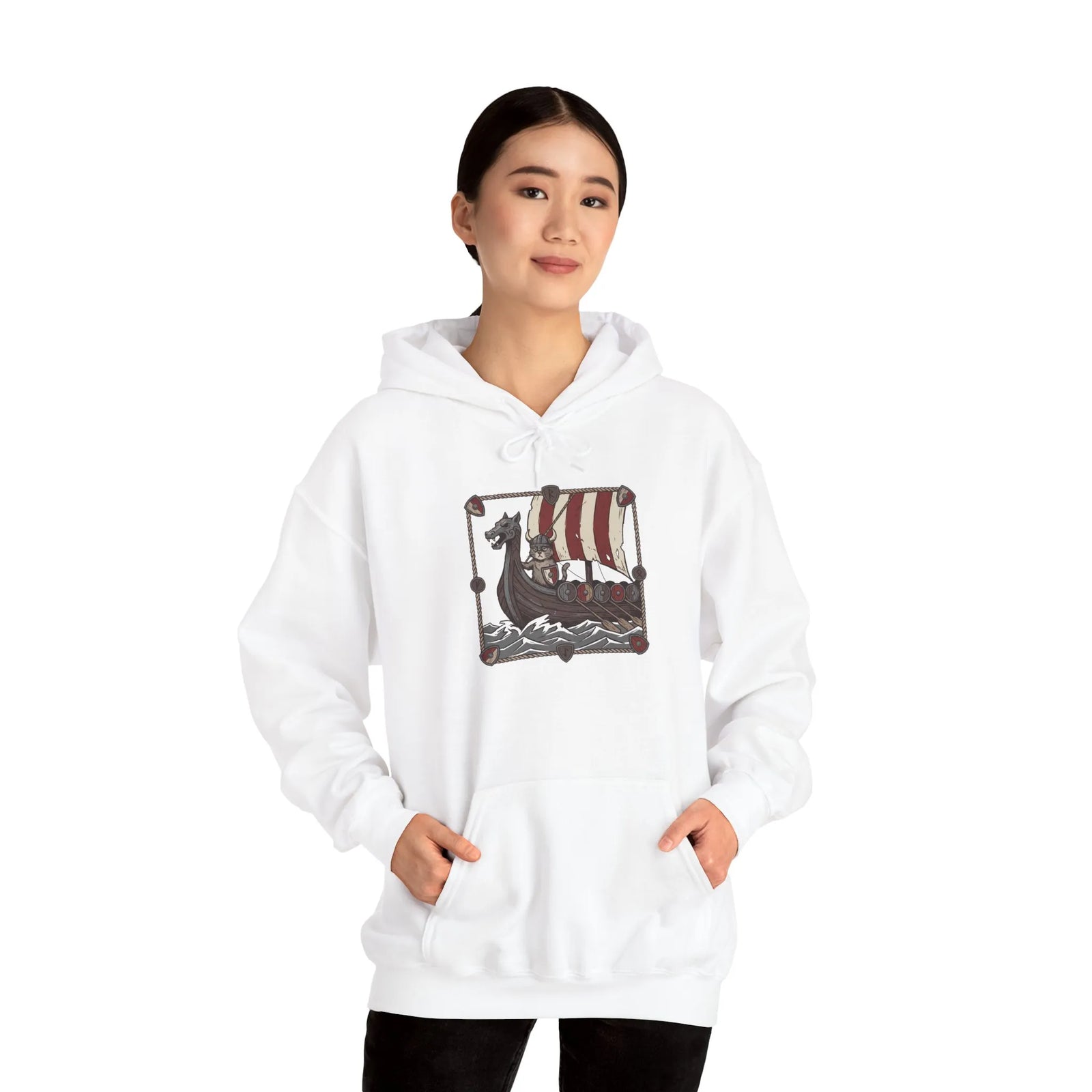 Viking Berserker Cats Longship Hoodie - Warm Cotton-Poly Fleece Pullover - Unisex White