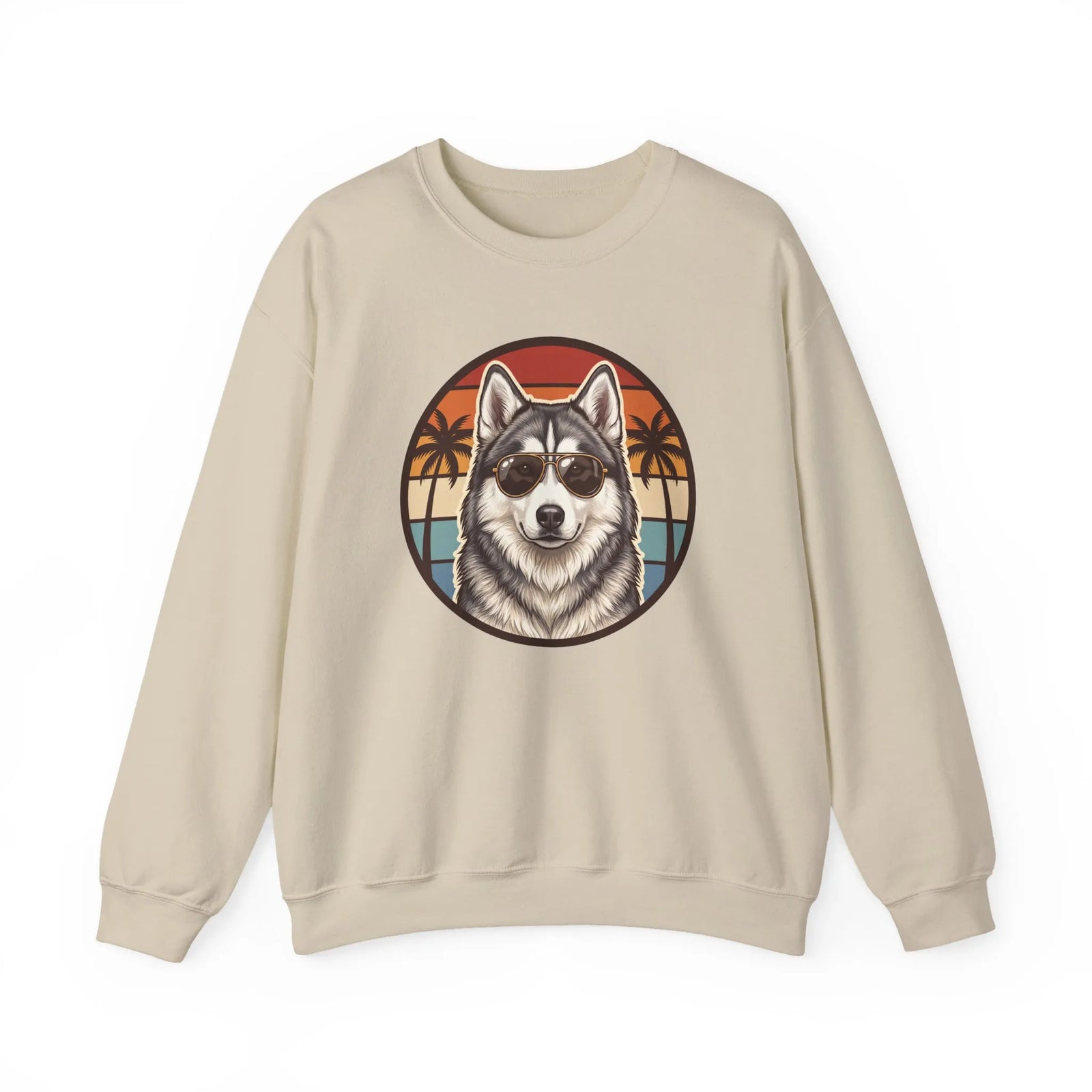 Siberian Husky 70s Sunset Aviators Sweatshirt - Heavyweight Cotton Blend Crewneck - Unisex White