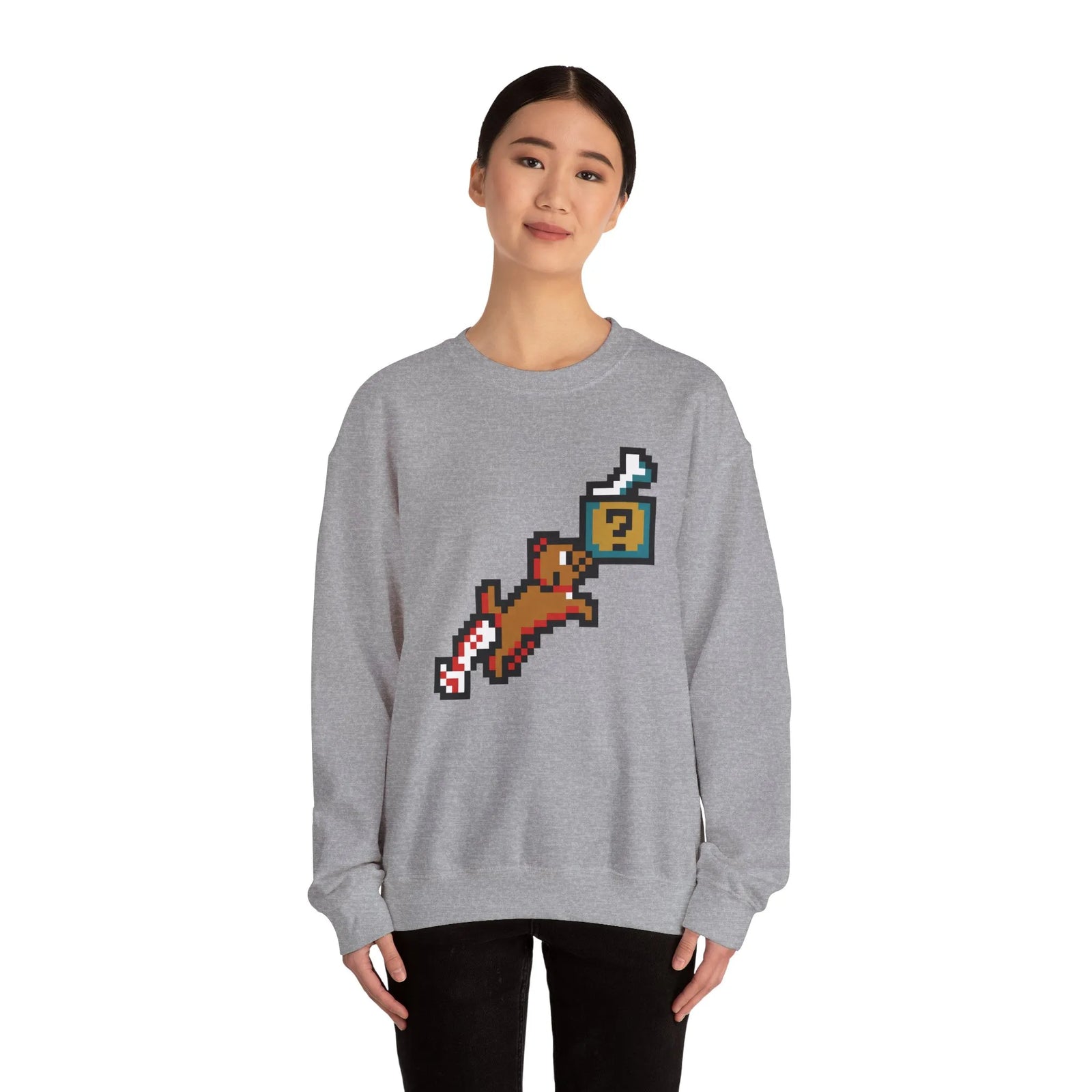 Fetch Quest 8-Bit Pixel Gaming Dog Sweatshirt - Heavy Blend Cotton Polyester Crewneck - Unisex White