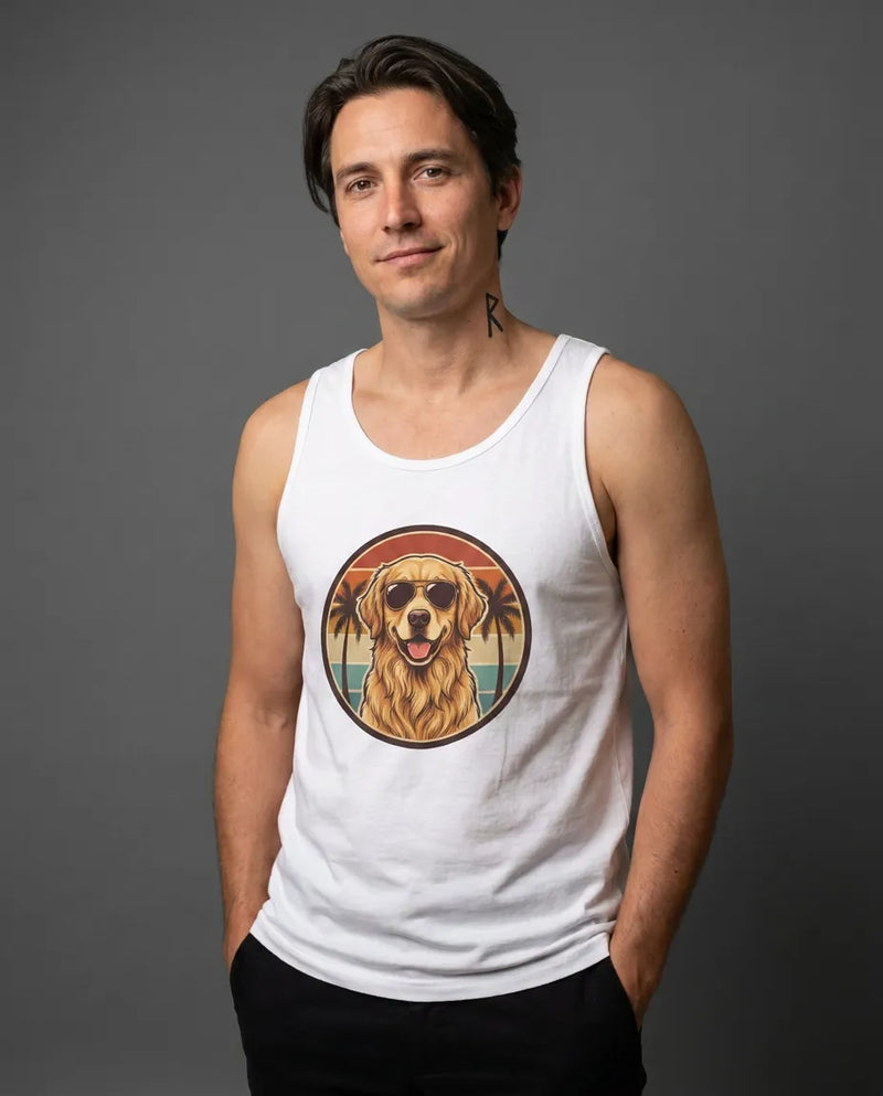 Golden Retriever 70s Sunset Aviators Tank Top - Lightweight Ring-Spun Cotton Retail Fit - Unisex Athletic Heather